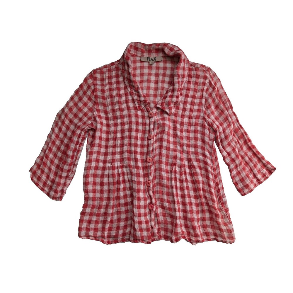 FLAX Women’s P 4-6 Red White Gingham 100% Linen Button Front Shirt Lagenlook